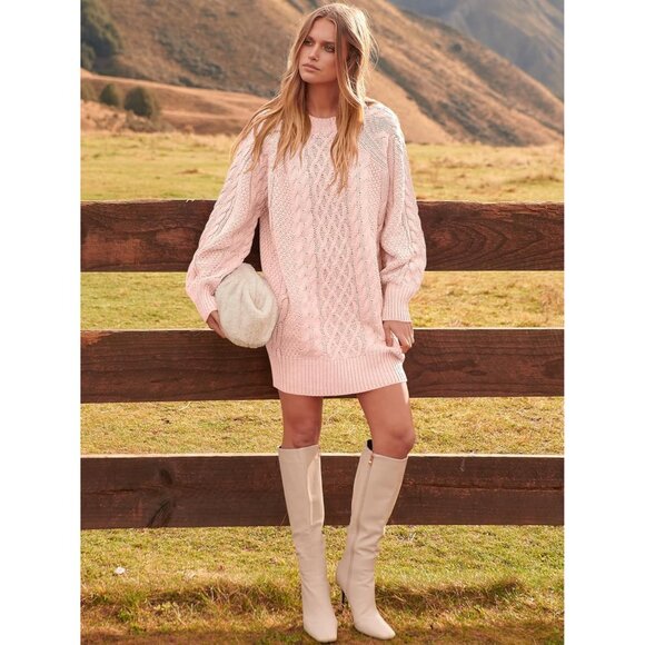 Women Oversized Cable Knit Sweater Pink Chunky Long Sleeve Fall Winter Outfit - Picture 4 of 7